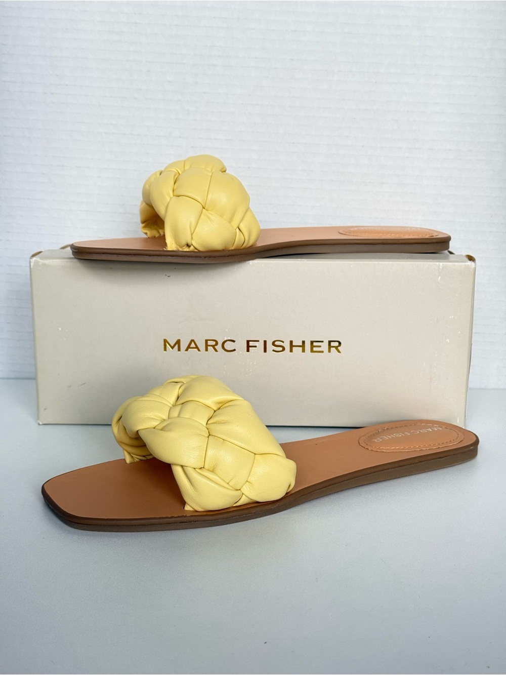 Marc Fisher Braided Yellow Leather Slide Sandals Size 10